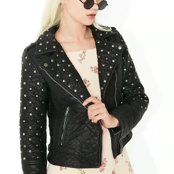 Glamorous Faux Leather Studded Moto Jacket XS | Black Biker Chic Street Style - Picture 5 of 11
